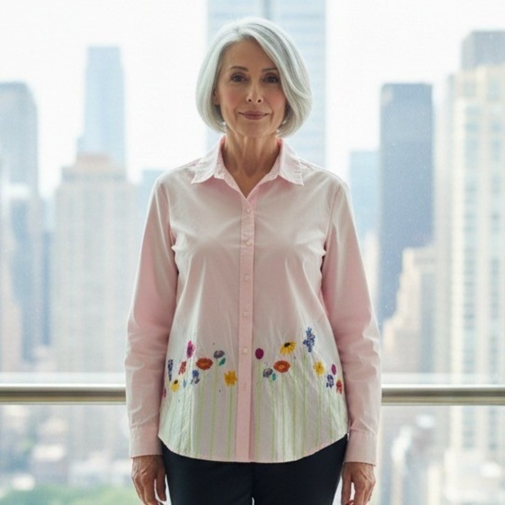 Quacker Factory Women's 1X Pink Embroidered Flower Vintage‎ Button Down Shirt